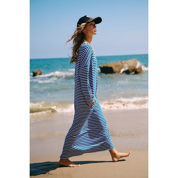 Free People Free Est Tivoli Maxi Dress Striped Print Oversized Cotton XS 283168 - Picture 2 of 8